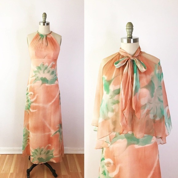 The Francine ~ adorable 70s peach chiffon maxi dress